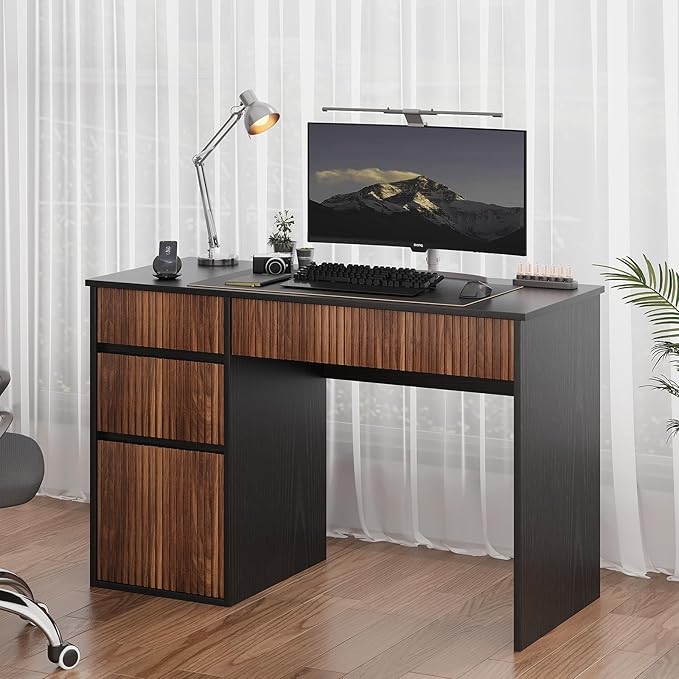 4 EVER WINNER 48 Inch Small Desk with Drawers, Computer Desk with Drawers and Storage Cabinet, Office Desks with Hidden Handle for Home Living Room, Wooden Desk for Small Spaces, Black