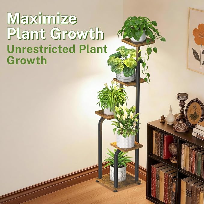 iDavosic.ly Tall Plant Stand Indoor with Grow Light, 4 Tier Corner Multiple Flower Holder Shelf with Wooden Trays, Space Saving Display Rack for Living Room Balcony Patio Porch | Black & Brown