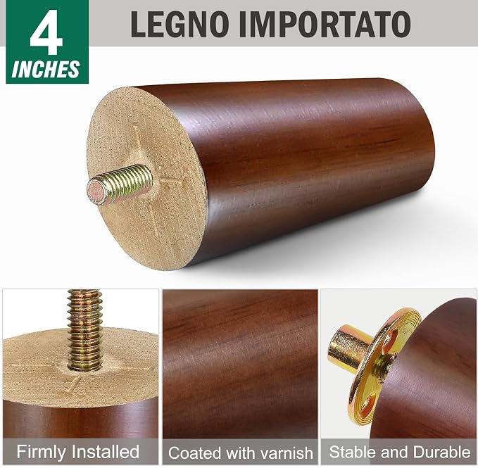 FoDau770 Brown Rubber Wood Furniture Legs 4 Inches, 5/16" UNC Slant Tapered Wood Feet Mid Century Sofa Legs, Wooden Furniture Feet Replacement Parts for Cabinet Couch Dresser Chair Ottoman Table