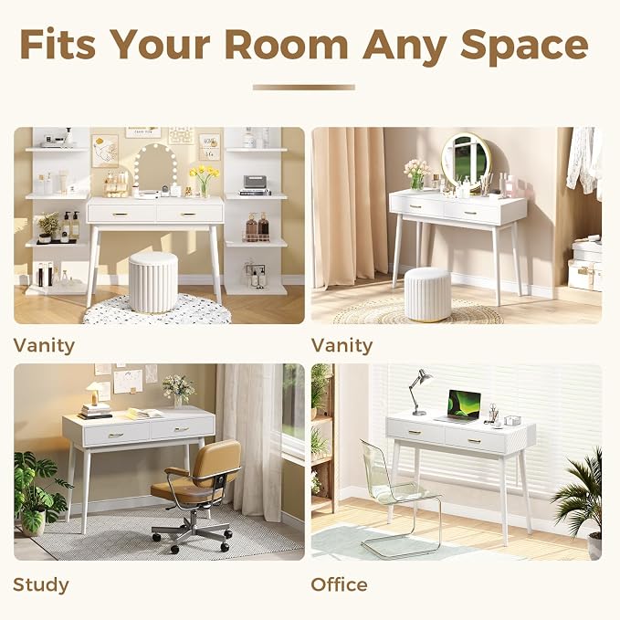 FUNKOCO White Small Desk with Drawers - 40 Inch White Home Office Study Writing Desk for Bedroom, Vanity Desk with 4 Solid Legs, Modern Computer Desk for Small Spaces