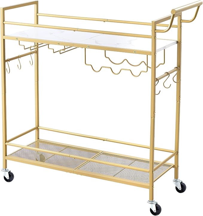 VEVOR Bar Cart, 2 Tiers Home Kitchen Serving Carts, Modern Rolling Utility Station on Wheel, Mobile Drink Beverage Trolley with Wooden & Mesh Shelf, Wine Rack, Glass Holder, 33.86x11.81x32.68 in, Gold