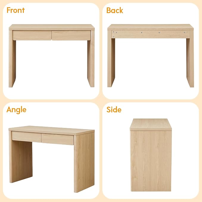 43 Inch Small Computer Desk with 2 Drawers, Mid Century Modern Writing Study Table for Home Office, Vintage PC Work Desk with Storage for Bedroom Small Spaces, Easy Assembly, MDF - Natural