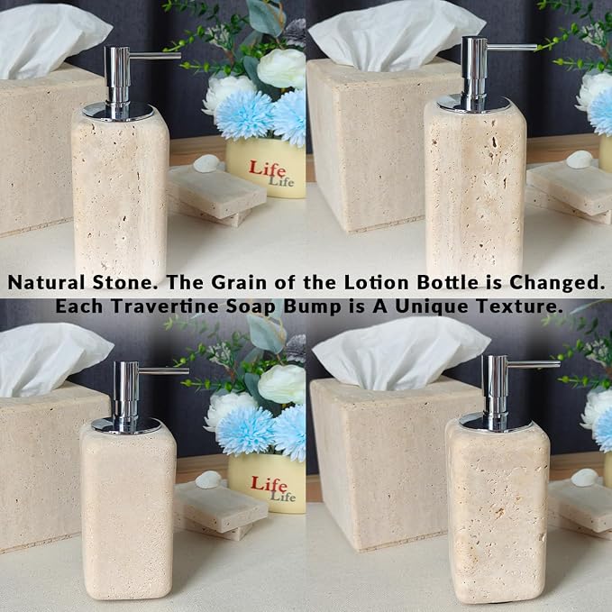Ivory Travertine Soap Pump, Refillable Bathroom Liquid Dispenser with Aluminum Pump, Natural Organic Stone Hand Lotion Dispenser, Pump Bottle Dispenser for Bathroom and Kitchen Countertop