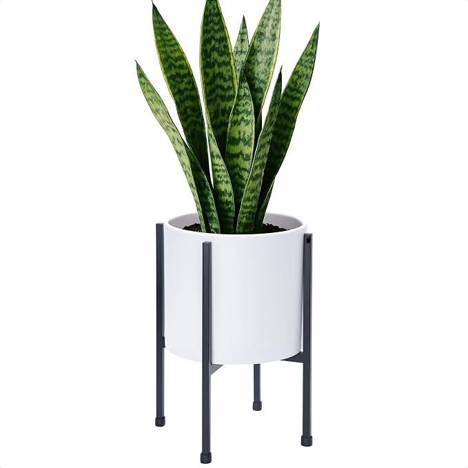 D'vine Dev 8 Inch White Planter Pot with Stand – Modern Plastic Cylinder Flower Pot with Heavy-Duty Metal Stand for Indoor Plants, 55-D-A-1