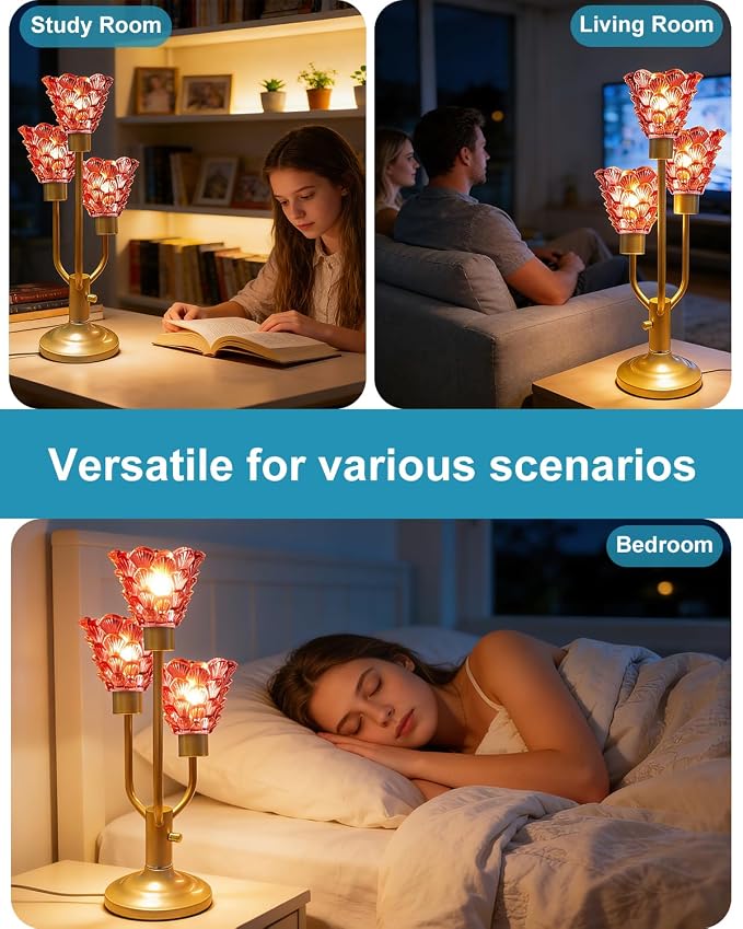 Lightdot Mid Century Modern Table Lamp for Living Room Dimmable Nightstand Lamp Red Glass Vintage Gold Desk Lamp 3 Bulbs Included Warmwhite Ambient Bedside Lamps for Bedroom Home Office Decor Gift
