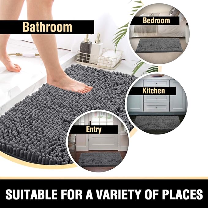 H.VERSAILTEX Bathroom Rugs for Bathroom Non Slip Luxury Chenille BathroomMat 20x32 Extra Soft and Absorbent Rugs Washable Dry Fast Plush Area Carpet Mats for Bath Room, Tub - Grey