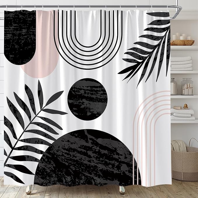 Mid Century Modern Shower Curtain Boho Black Abstract Retro Aesthetic Fabric for Bathroom Decor Bathtub with Hooks (70" WX84 H)