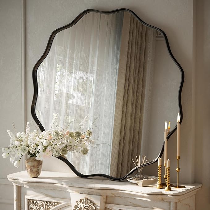 VooBang Black Scalloped Circle Mirror, 36" Wavy Edge Round Wall Mirror with Tempered Glass Textured Circular Metal Deep Frame, Hanging Leaning for Bathroom, Hallway, Entryway, Livng Room