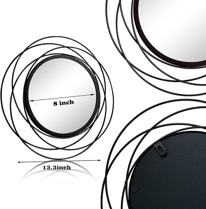 3 Set Round Mirrors for Wall Decor Living Room Bedroom Bathroom Dining Room Metal Circle Mirror Set Boho Decorative Sunburst Wall Art Accent Entryway - Black 13.3 in