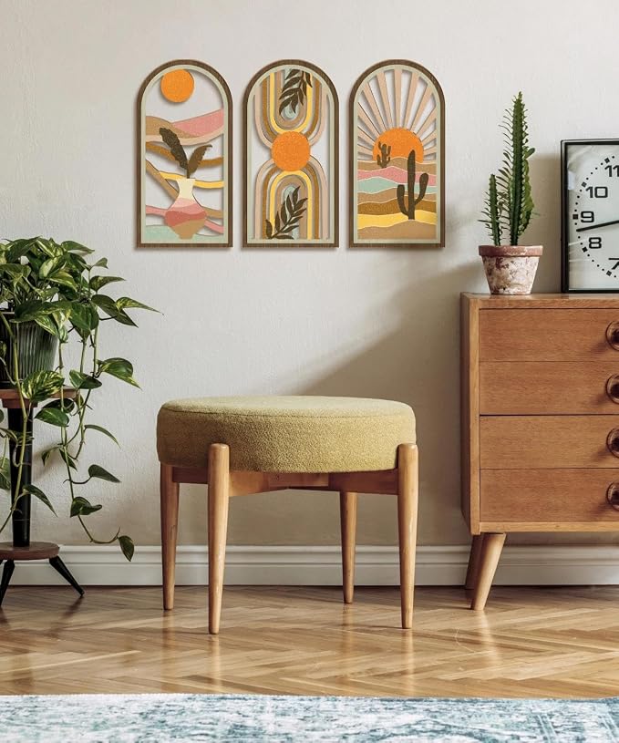 Putuo Decor Boho Wall Art Set of 3, Modern Minimalist Wooden Wall Decor, Desert Cactus Sun Abstract Aesthetic Room Decorations, Mid-Century Artwork for Living Room, Bedroom, Office (White, 16×8 in