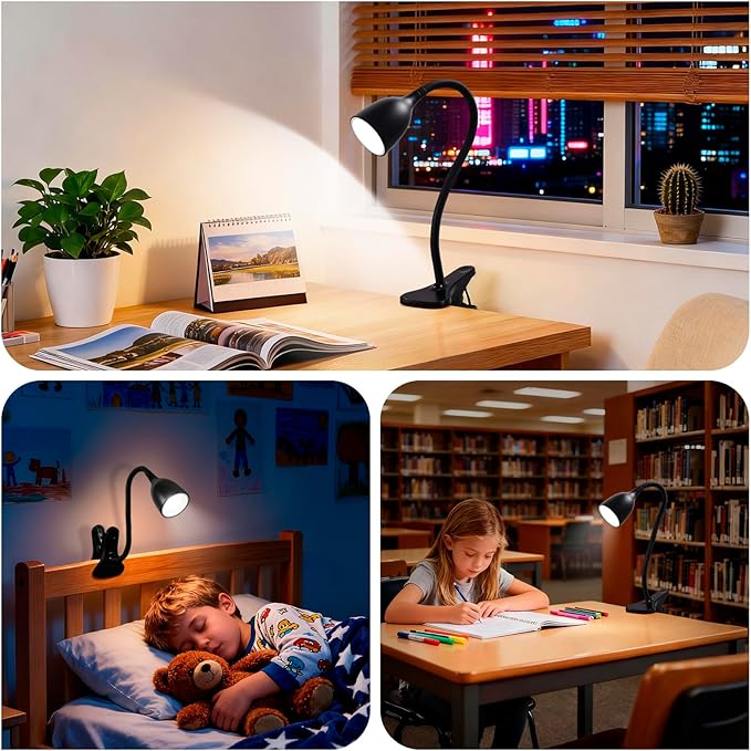 EJIAXIN Desk Lamp for Home Office - Clip on Reading Light and Bed Headboard Clamp Lamp, Bedside Gooseneck Table Lamp, Clip on Desk Lamps, Eye-Caring Desk Lamp for College Dorm Room Study Lamp, Black