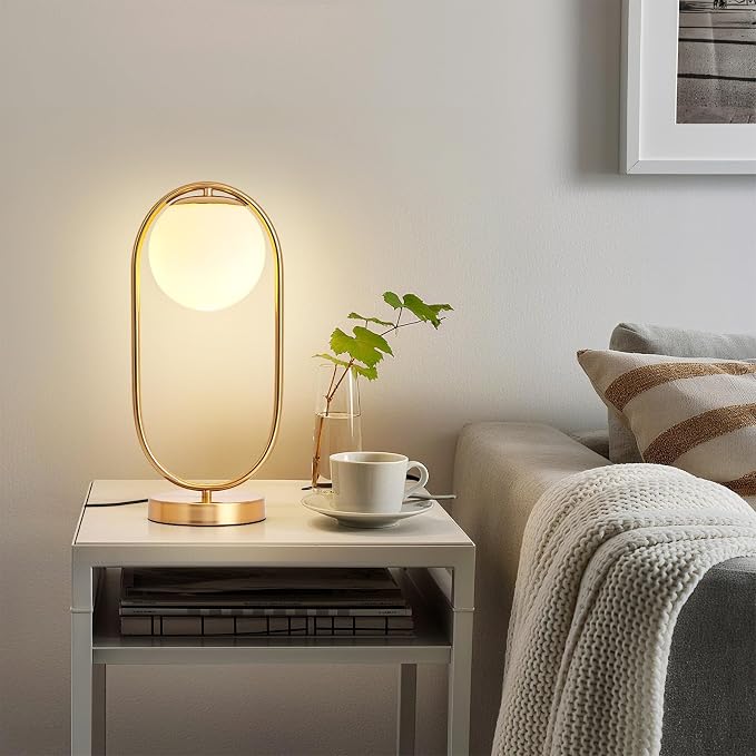 NKU Mid Century Modern Table Lamp, Boho Vintage Glass Globe Lamp with LED Bulb, Bedside Nightstand Light for Bedroom Farmhouse Office Desk