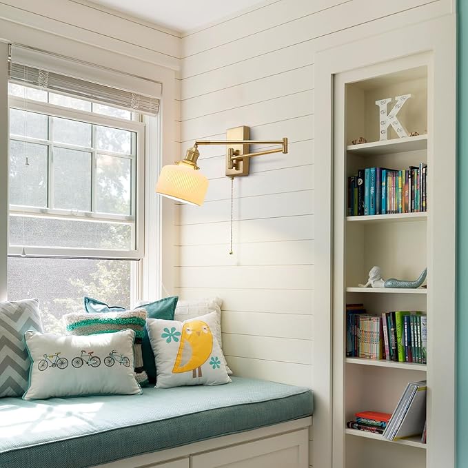 Gold Wall Sconces Set of 2 Modern Brass Swing Arm Wall Lamp with Pull Chain Milk GlassLight Fixture for Bedroom Living Room Hallway MWL14B-2