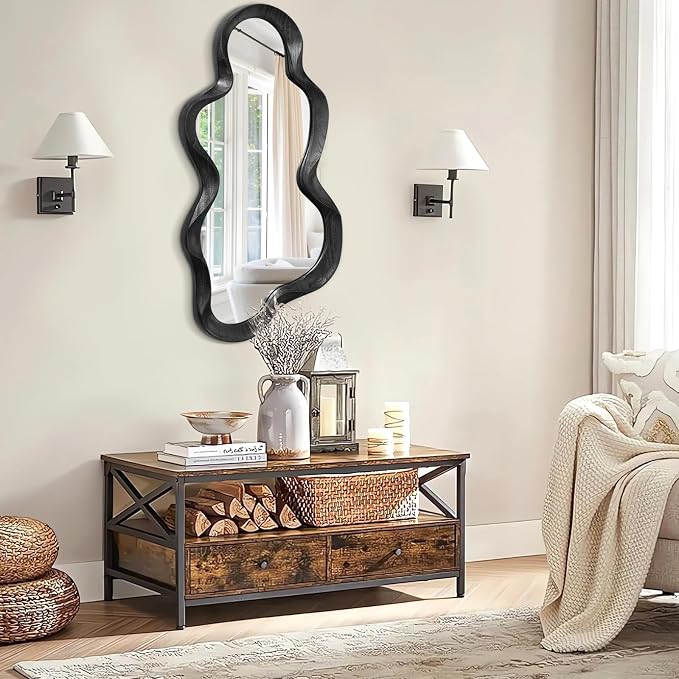 Black Asymmetrical Mirror for Wall Irregular Wood Frame Mirrors Modern Artistic Wavy Wall Mirror Decorative Vanity Bathroom Living Room Bedroom Entryway Hallway Cute and Stylish Cloud Mirror Large