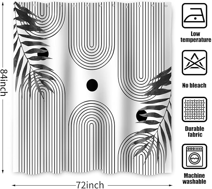 Boho Mid Century Modern Shower Curtain, Abstract Arch Leaf Minimalist Sun Black and White Machine Washable Waterproof Fabric for Bathroom Decor Bathtub with Hooks 72Wx84H