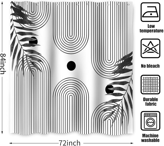 Boho Mid Century Modern Shower Curtain, Abstract Arch Leaf Minimalist Sun Black and White Machine Washable Waterproof Fabric for Bathroom Decor Bathtub with Hooks 72Wx84H