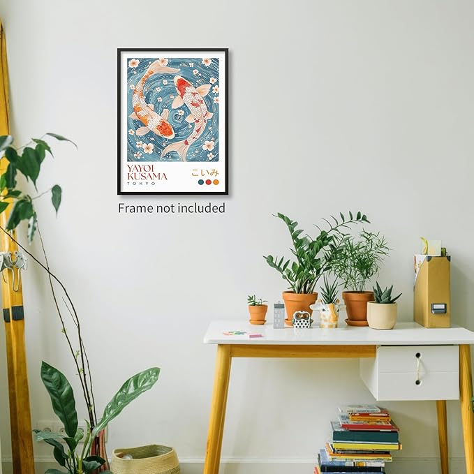 EOLRCIG Light Blue Koi Fish Wall Art Japanese Yayoi Kusama Canvas Poster Modern Vintage Animal Aesthetic Paintings for Living Room Bedroom Dorm Wall Decor 12X16 inch Unframed