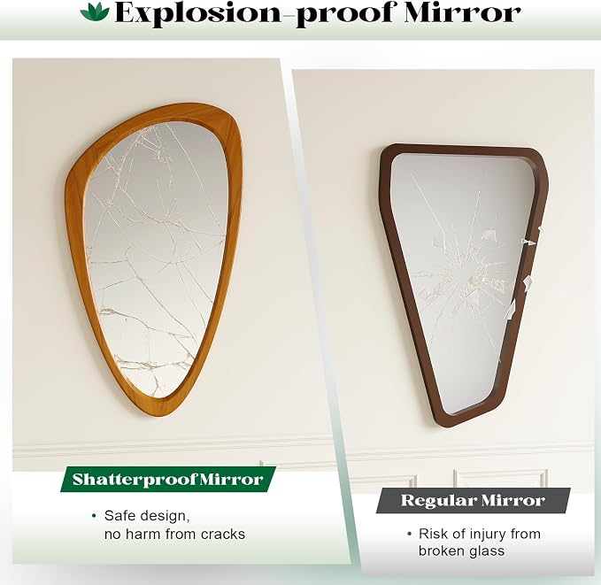 Mid Century Modern Mirror, 28x48 Inch Irregular Wall Mirror, Asymmetrical Wall Mirrors with Pine Wooden Frame for Living Room Bedroom Bathroom Entryway Hangs Horizontally or Vertically