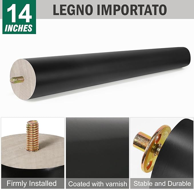 FoDau770 Black Rubber Wood Furniture Legs 14 Inches, Straight Tapered Wood Feet Mid Century Sofa Legs Set of 4, 5/16" UNC Furniture Feet for Cabinet Couch Dresser Chair Ottoman Table
