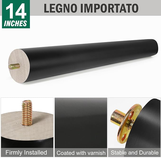 FoDau770 Black Rubber Wood Furniture Legs 14 Inches, 5/16" UNC Straight Tapered Wood Feet Mid Century Sofa Legs, Wooden Furniture Feet Replacement Parts for Cabinet Couch Dresser Chair Ottoman Table