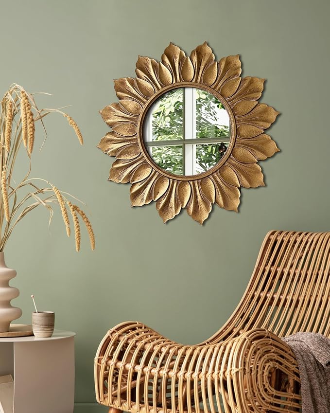 Sunflower Sunburst Wall Mirror, 22" Distressed Gold Wooden Frame, Handcrafted Petal Floral Design, Vintage Farmhouse Style Mirror for Wall Decor for Living Room, Bedroom, Bathroom, Vanity