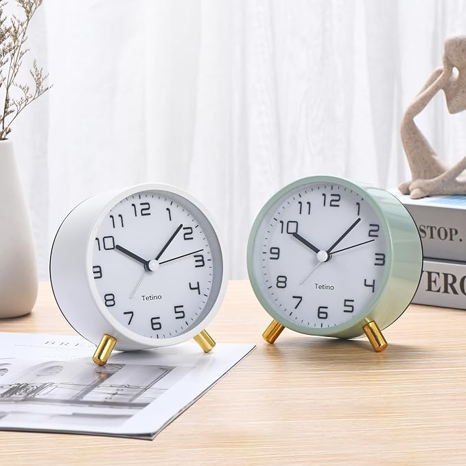 Tetino Analog Alarm Clocks,Retro Metal Desk Silent Non Ticking Small Clock with Night Light,Battery Operated,Simple Design,for Bedrooms, Bedside,Office,Home Décor (White)