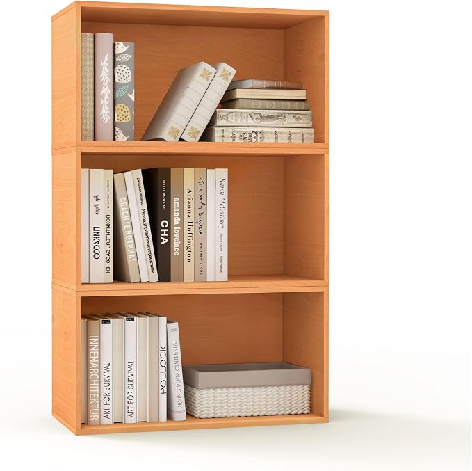 3 Cube Organizer Bookcase, Expandable Storage Shelves, Wooden Open Shelving Unit Book Shelf for Living Room, Office, Bedroom, Mid-Century Style Wood Furniture, Basswood Color (1 Set)