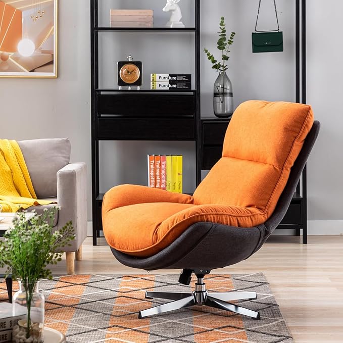 Swivel Accent Chair Set of 2, Modern Upholstered Linen Fabric Lounge Chair Sofa Chair with High Backrest, Comfy Rocking Chair for Living Room Bedroom, Orange