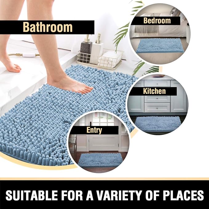 H.VERSAILTEX Bathroom Rugs Bath Mat Bath Rugs Bath Mats for Bathroom Non Slip Extra Soft Chenille Bath Rug Fulffy Shag, Indoor Rug Carpet for Entry Living Room (Cool Blue, Extra Large 24" x 36")
