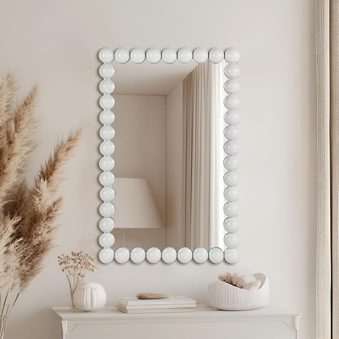 Decorative Beaded Wall Mirror – Modern Rectangular Accent Mirror, 20″x30″, for Living Room, Bedroom, Bathroom, Entryway & Office – Available in Gold, Black, & White (White)