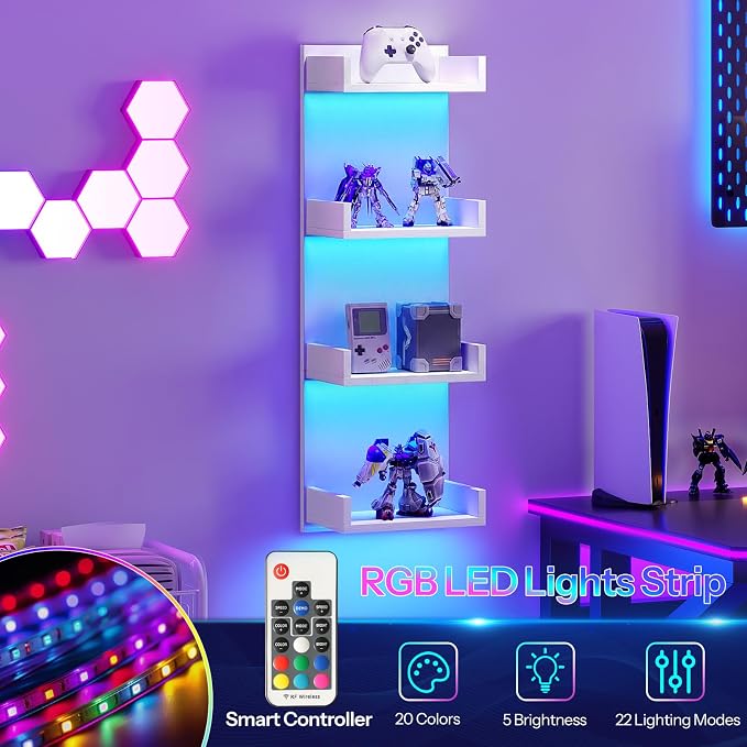 HOOBRO Floating Wall Shelves with LED Lights, Floating Shelf Wall Mounted for Storage, Vertical Display Stand, Modern Column Rack, for Bedroom, Livingroom, 4-Tier, 35.8 Inches, White, WT41DBJ01
