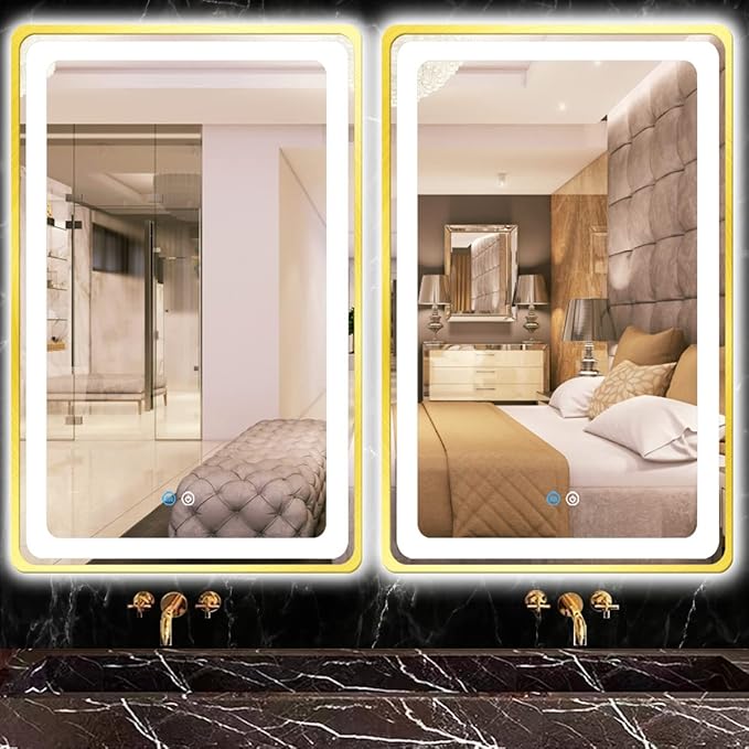 30 x 40 Inch Gold Vanity Mirror with Lights Smart Memory 3 Color Dimmable AntiFog 40 Gold Frame Lighted mirror for Bathroom Salon Horizontal/Vertical Wall Mounted LED Makeup Mirror with Light