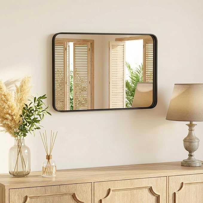 NEWBULIG 24X32 Inch Bathroom Mirror for Over Sink, Wall Vanity Mirrors Tempered Glass, Anti-Rust Metal Framed Rounded Rectangle, Hangs Horizontally or Vertically, Farmhouse Home Decor, Black