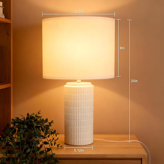 Modern Ceramic Table Lamp,White Bedside Nightstand Lamp for Bedroom Living Room,Farmhouse End Table Lamp, E26 Socket,20 Inch,Desk Lamp for Home Decor,House Warming Gift for Women Mom