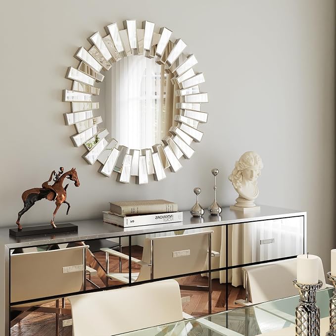 Round Decorative Mirror - 26" Sunburst Sun Mirrors for Wall Decor with Silver 3D Beveled Glass Frame, Modern Wall Art Accent for Living Room, Bedroom, Fireplace, Entryway