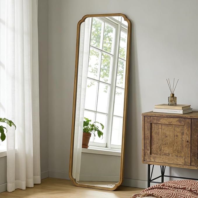 HOMECOOKIN Full Length Mirror Wall Mounted, Rustic Wooden Frame Floor Mirror, Rounded Corner Large Full Body Mirror for Bedroom,Dressing Room, Leaning or Hanging Against Wall (Natural, 71" L x 24" W)