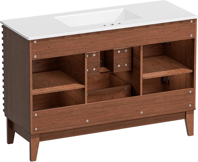 ROOMTEC 48" Bathroom Vanity with Sink, Mid-Century Freestanding Bathroom Vanity Sink with Storage, Undermount Ceramic Sink, Cabinet Particleboard Frame with Wood Grain Laminate, Walnut