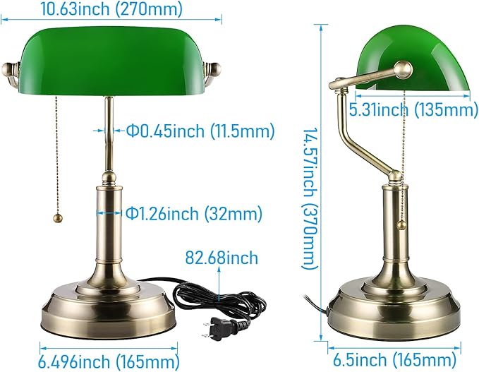 TORCHSTAR Green Glass Bankers Desk Lamp, Antique Desk Lamps with Brass Finish Base, Traditional Library Lamp with Pull Chain, E26 Base, Vintage Desk Lamp for Office, Study Room