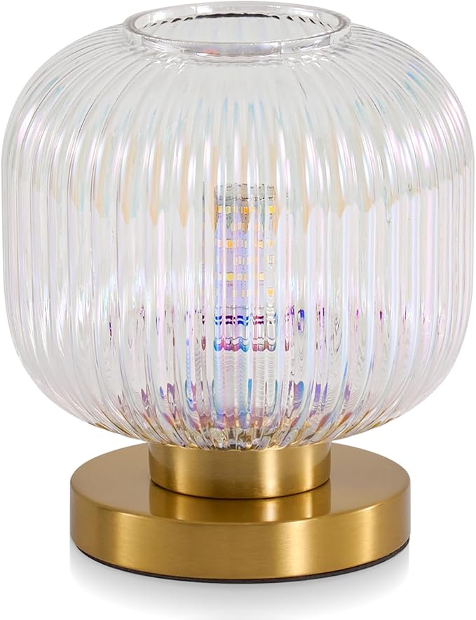Dimmable Small Glass Table Lamp: Mid Century Modern Nightstand Light With Stained Shade - Small Decorative Brass Desk Lamp - Ribbed Glass Bedside Tables Lamps for Bedroom Living Room Bulb Excluded