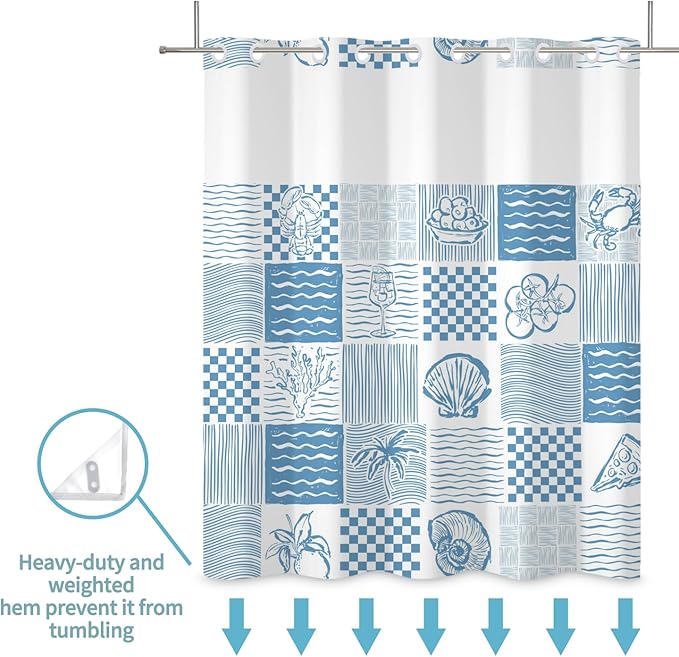 No Hook Shower Curtain Summer Blue Double-Layered Shower Curtains with Snap in Fabric Liner Tropical Fruits and Marine Life Curtains for Bathroom Waterproof Polyester Cloth 71x74 Inch