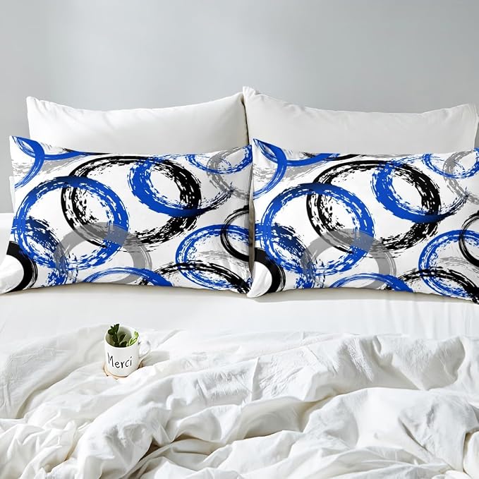 Geometric Circle Duvet Cover Set Twin Size,Abstract Retro Striped Swirls Bedding Set,Boys Girls Room Decor,Graffiti Aesthetic Stripes Comforter Cover,Blue White Quilt Cover,1 Pillowcase(No Filler)