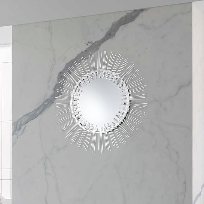 Edvivi Round 31" Silver Sunburst Hanging Wall Mirror with Metal Frame, Decorative Mirror for the Living Room, Bedroom, Bathroom, Hallway, and Entryway