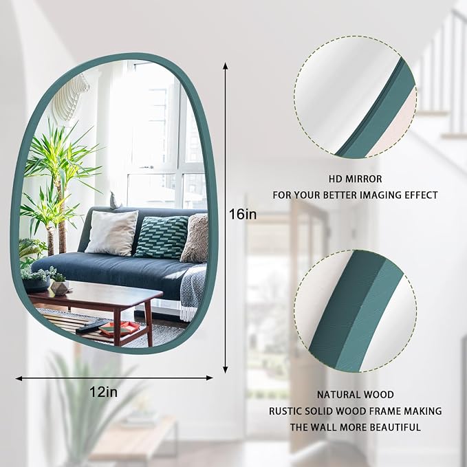 Blue Modern Asymmetrical Small Mirror Irregular Mirror for Wall Decor Wooden Framed Hanging Wall Mirror Unique Shape Vanity Oval Mirror Decorative for Bedroom Bathroom Living Room Entryway