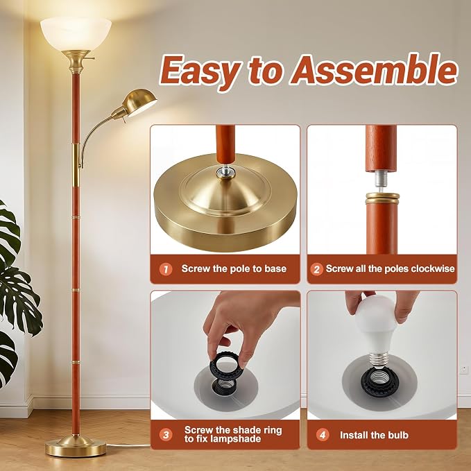 EJIAXIN Wood Floor Lamp for Living Room - Gold Torchiere Floor Lamps for Bedroom Standing Lamp with Glass Shade - Mid Century Modern Corner Tall Lamps for Home Office Nursery Reading Light,2 Head