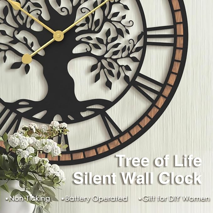 Micasso Wall Clocks Battery Operated: 21Inch Farmhouse Tree of Life Metal with Wood Frame - Rustic Roman Numerals Clock for Bedroom/Office/Living Room/Kitchen - Home Decor for Trendy Fashionistas