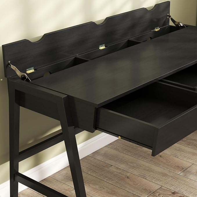 ROCITY Black Wood Desk with Drawers Home Office Desk Mid Century Modern Writing Table for Bedroom Vanity Living Room Study Workstation