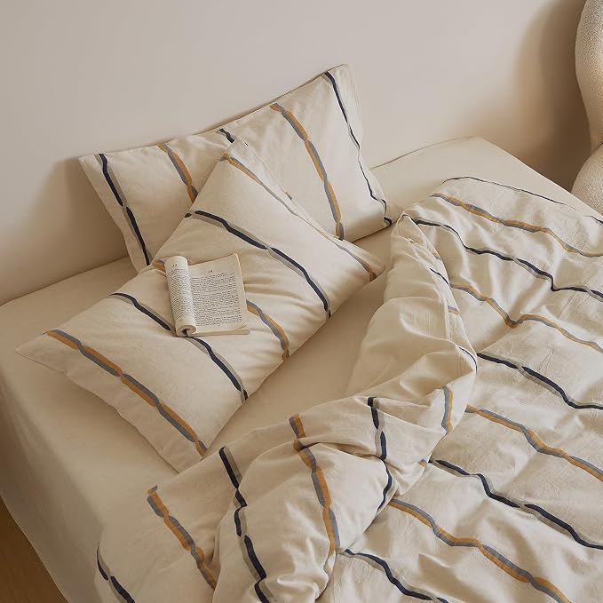 mixinni Cotton Linen Jacquard Duvet Cover Set King, 3-Piece Mid-Century Modern Bedding, Vintage Striped Bohemian Duvet Cover with 2 Pillowcases, All-Season Breathable Comforter Cover-King Size