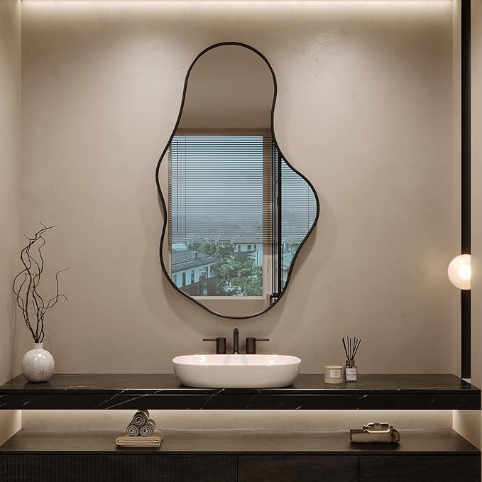 Irregular Wall Mirror - Black Wall Mirrors Decorative 22"x 36" Wavy Asymmetrical Abstract Mirror Aviation Aluminum Alloy Frame Unique for Vanity, Entryway, Bathroom, Bedroom, Living Room, Cloakroom