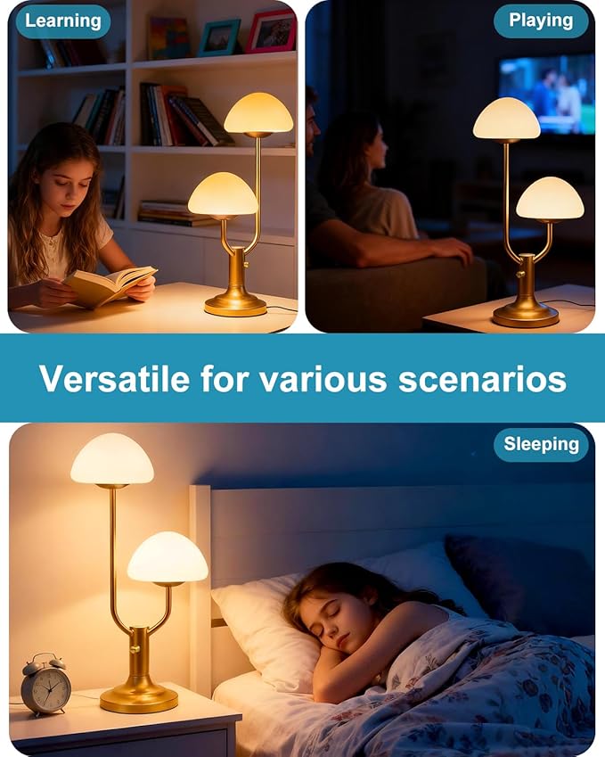 Lightdot Mushroom Table Lamp for Bedroom, Desk Bedside Small Lamps for Living Room Night Stands, Cute Modern Mid Century Lamps Dimmable with 2 LED Bulbs, Unique Aesthetic Home Decor-Gold