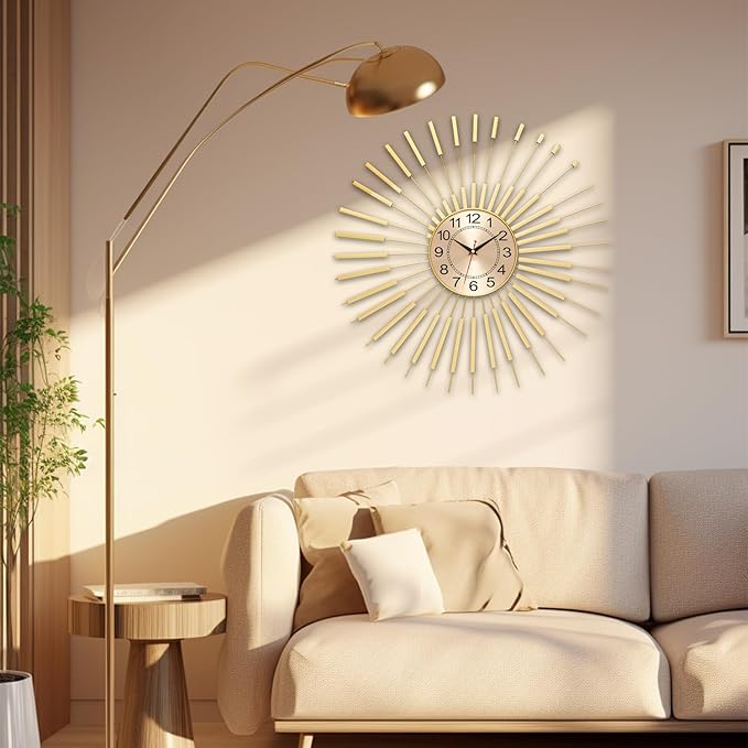 Gold Wall Clock Decor Silent 24" Battery Operated, Mid Century Modern Decorative Clock Metal Hanging for Living Room Bedroom Office